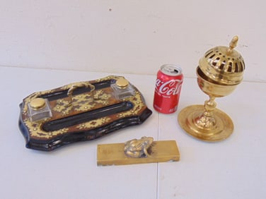 Brass ink set, brass incense, frog paperweight