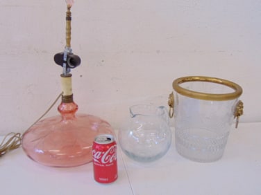 3 pieces etched crystal, ice bucket, pitcher & pink lamp base