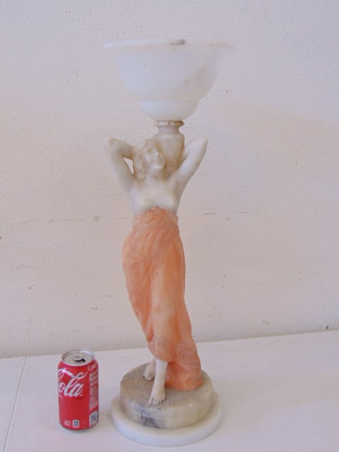 Carved alabaster table lamp, statue of a woman, in pink & white, socket missing (1 of 2)