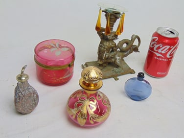 Lot of fancy smalls including bohemian glass, silver overlay bottle, etc..