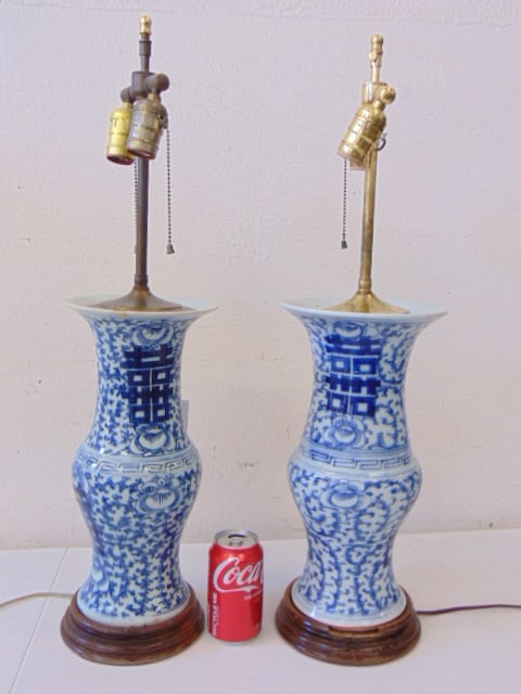 Pair Chinese marriage lamps, blue & white porcelain (1 of 2)