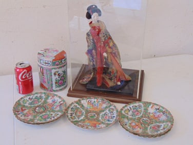 Japanese doll & Rose Medallion plates & covered jar