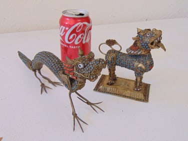 2 Asian cloisonne pieces, foo dog & dragon