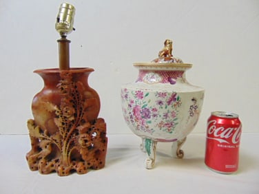 Samson urn with floral decoration, 19th C. and soapstone carving, lamped