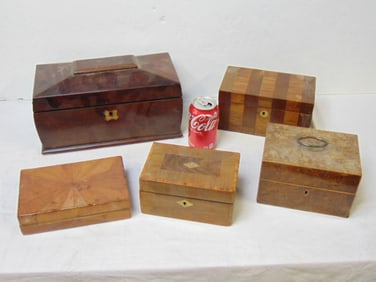 Collection of tea caddies and a box, 4 19th c tea caddies and one wood box