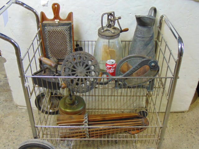 Collection of antique kitchen tools to include glass butter churn, drying rack, grater, & more see (1 of 2)
