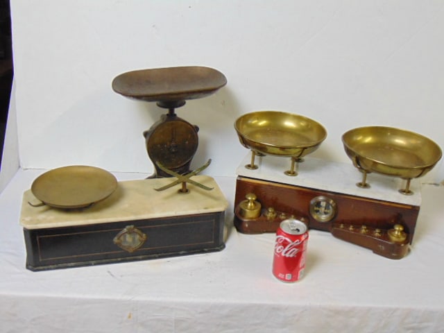 3 English scales, brass, marble, some with weights (1 of 3)