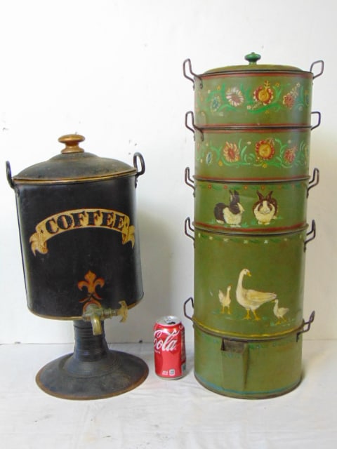 2 kitchen tole pieces, coffee pot & tall green painted cooker (1 of 3)