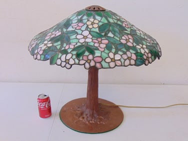 Tiffany dogwood style table lamp, leaded shade, 23" tall, shade is 24.5" in diameter