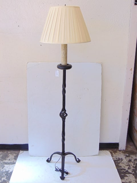 Heavy wrought iron floor lamp with linen shade: Heavy wrought iron floor lamp with linen shade