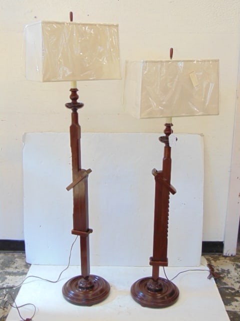 Pair wood ratchet base floor lamps with shades (1 of 3)