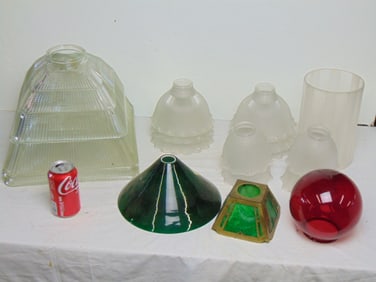 Large lot of glass shades, clear, green, red