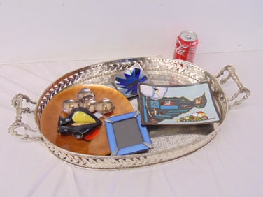 Silverplate tray and enamel work & other, misc. items