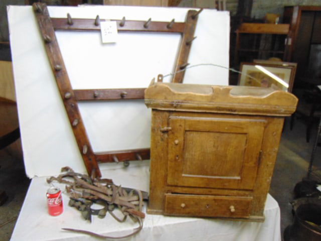 Tack rack, some leather tack  and anantique small cupboard (1 of 3)