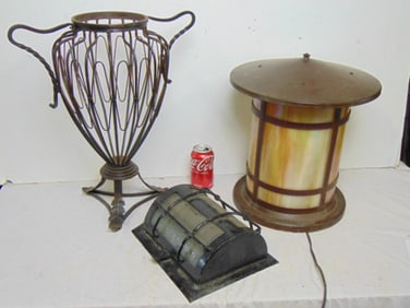 Modern copper lantern iron lantern and wire urn, 3 pc lot