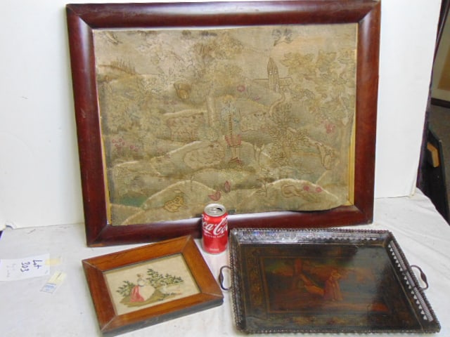 2 framed needlepoint embroideries and iron tray (1 of 3)