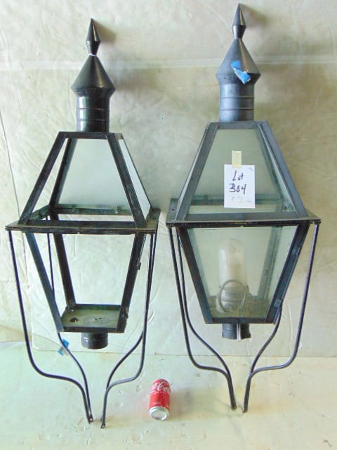 Pair of large iron pole lanterns missing some glass: Pair of large iron pole lanterns missing some glass