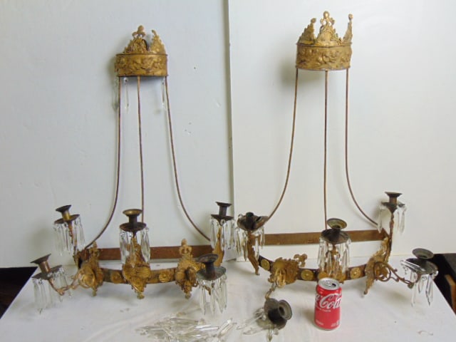 Large pair of crystal and spelter sconces: Large pair of crystal and spelter sconces