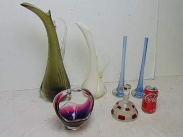 6 pieces of glass to include vases, pitcher, etc.