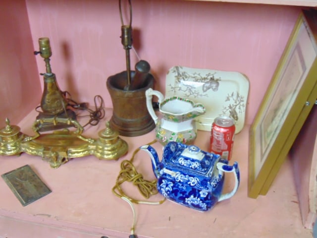 Collection of misc. items to include brass inkwell; two lamps; early china; and a pair of botanical (1 of 3)