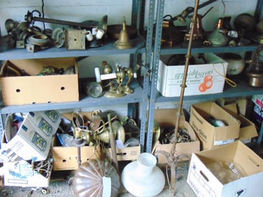 Very large collection of antique and vintage lamp parts, shaeds, bases, chimneys, fittings etc