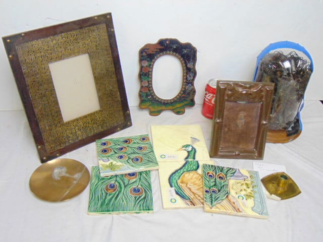 Japanese art tiles and frames and a glass dome filled with springs. (1 of 2)