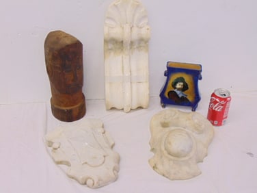 3 marble carvings, wood carving, & pottery vase, blue with portrait