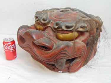 Japanese parade lion head mask, 19th century carved & painted, applied hair, jaw section loose, 19"