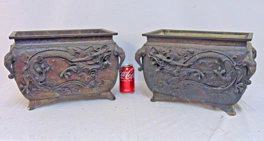 Pair Meiji era Japanese bronze planters with dragon decorations, each planter is 16" by 10.25",