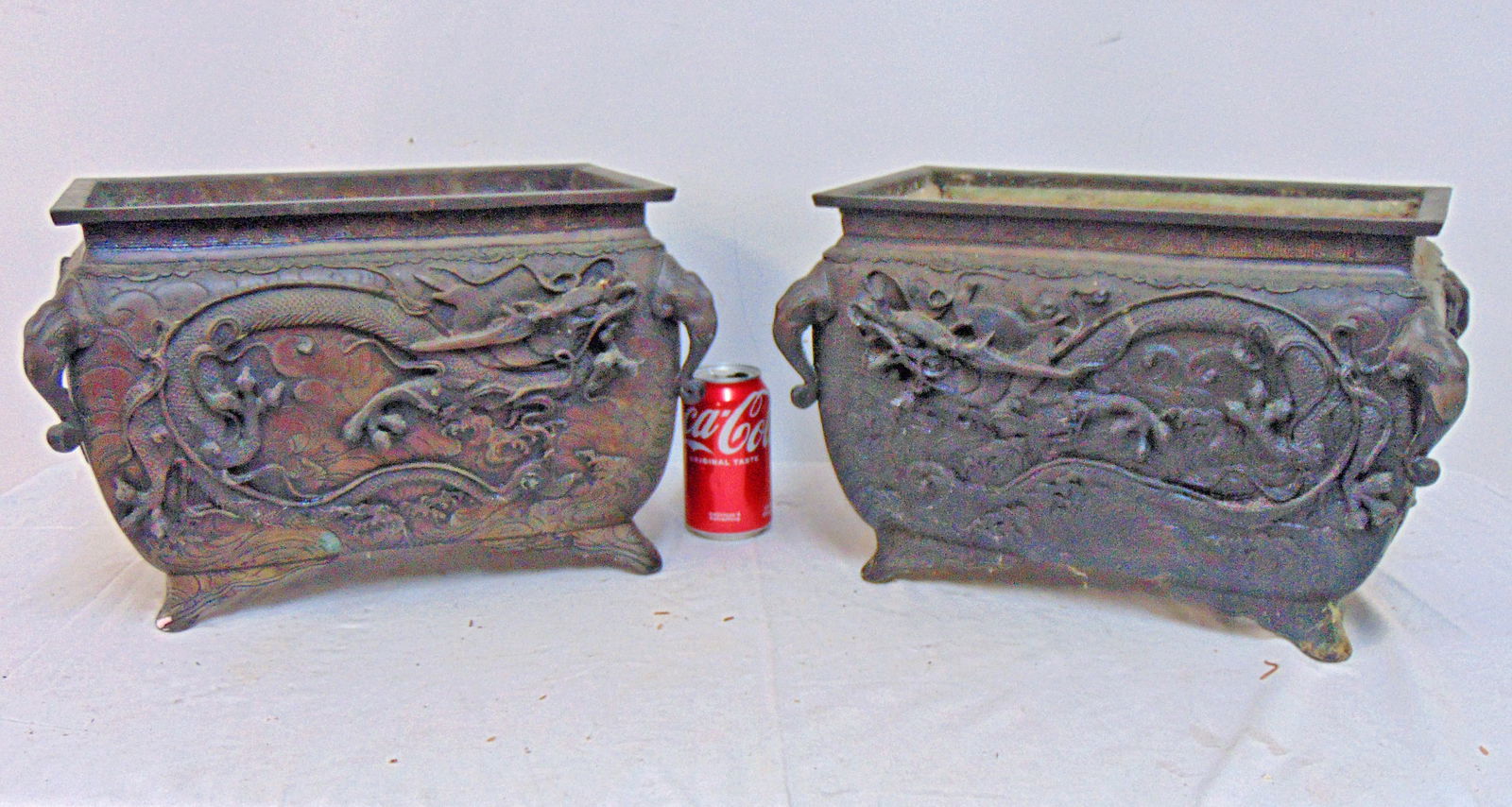 Pair Meiji era Japanese bronze planters with dragon decorations, each planter is 16" by 10.25", (1 of 7)