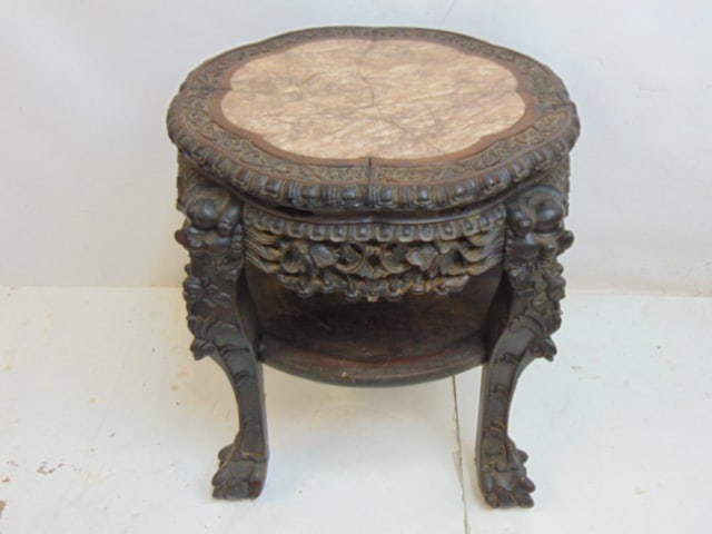 Chinese marble top plant stand with carved detail, part of skirt is missing, 21.25" by 21.25", (1 of 4)