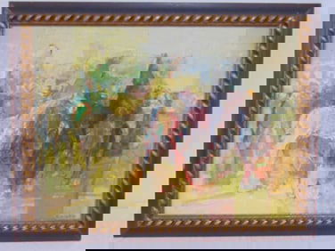 Painting, figures on horseback, signed Kaoru Yamaguchi, oil on canvas, has small hole with loss of