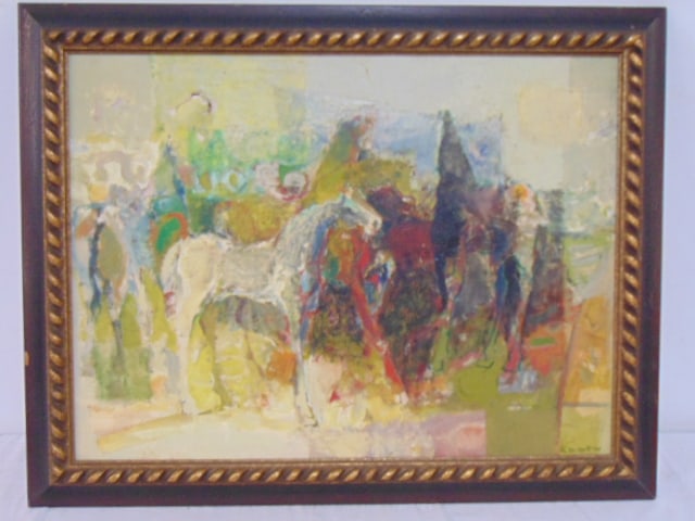 Painting, figures on horseback, signed Kaoru Yamaguchi, oil on canvas, has small hole with loss of: Painting, figures on horseback, signed Kaoru Yamaguchi, oil on canvas, has small hole with loss of paint (see detail images), canvas is 18" by 24", framed size 21 5/8" by 27.75"