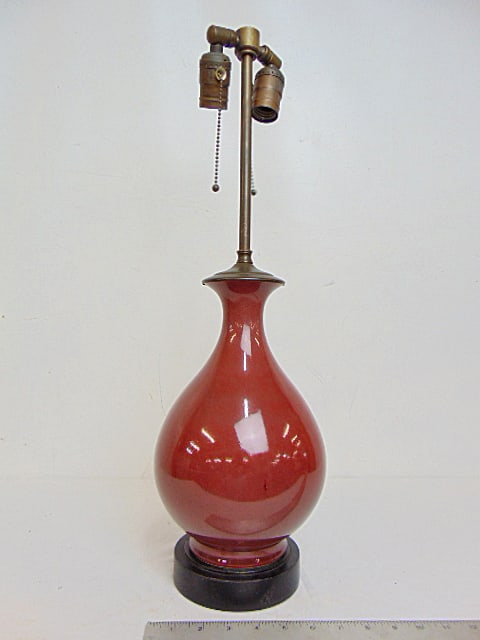 Chinese oxblood vase, signed, drilled for lamp (1 of 9)
