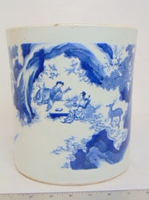 Blue & white decorated Chinese porcelain vase, large brush pot shape, decorated with various scenes,