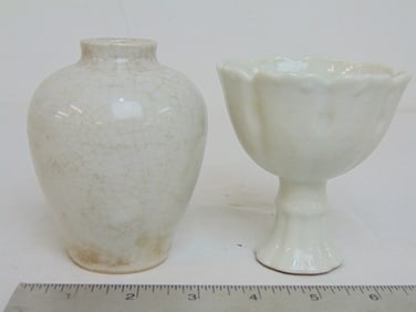 Chinese porcelain cup & small vase in white, vase with crackle glaze is signed and is 4" tall, cup