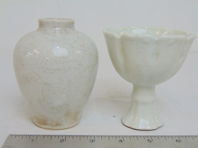 Chinese porcelain cup & small vase in white, vase with crackle glaze is signed and is 4" tall, cup (1 of 7)