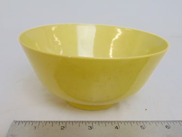 Yellow Chinese bowl, signed, has small chip bottom rim, edge, bowl is 6 3/8" in diameter, height is