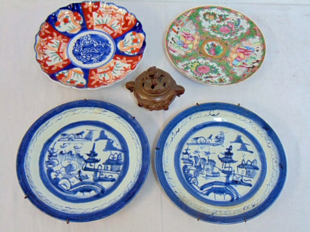 Asian ceramics & bronze incense, Canton plates, Rose Medallion plate & Imari style plate, small (1 of 7)