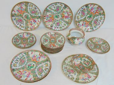 Lot of Chinese Rose Medallion porcelain, bowl, pitcher, 12 saucers, 6 plates, plates are 8.75"some