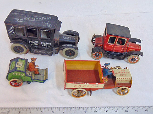 Lot of 4 vintage tin toy cars, 2 by Lehman, one marked Strauss Mechanical Toys, one Bavaria (1 of 10)