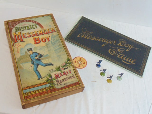 Antique game, "Game of the District Messenger Boy or Merit Rewarded, Copyright 1886 by McLoughlin (1 of 6)