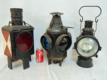3 large railroad lanterns, Dressel, Arlington N.J. U.S.A. round lantern with green & red lenses,