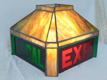 Train light, leaded hanging shade, Express & Local glass panels, glass good, no cracks, shade is