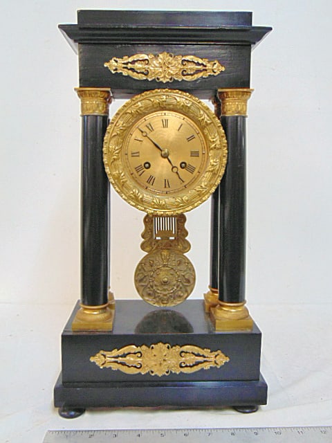 Black lacquered column mantle clock with gilt, bronze detail, collars, clock is 9.75" wide, 5.5" (1 of 6)
