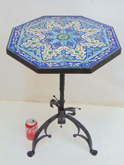 Persian tile top tilt top stand, wrought iron base, top is 17" by 17", height is 24.5" (1 of 5)