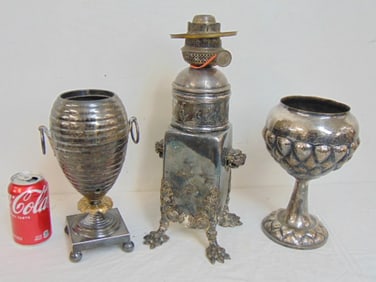 3 silver plate pieces, 2 large vases & decorative square base oil lamp base with claw feet, lamp