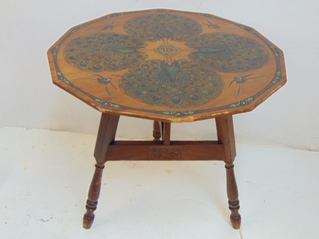 Tilt top side table with peacock top, dated 1904, Art Nouveau elements, top is 26" in diameter, (1 of 6)