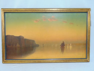 Painting, River scene at sunset, possibly Hudson River by the Palisades, various sailboats,