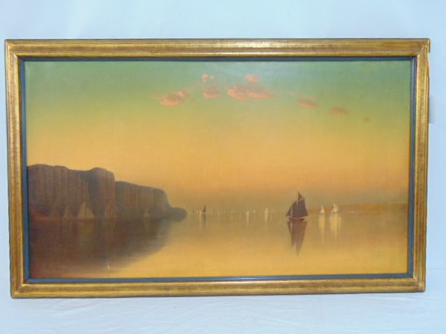 Painting, River scene at sunset, possibly Hudson River by the Palisades, various sailboats, (1 of 4)